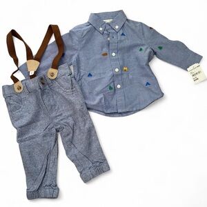 Baby boy button down shirt and pants with suspenders 3-6m janie and jack blue
